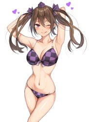 Rule 34 | 1girl, :q, absurdres, amagi (amagi626), armpits, arms up, bikini, blush, breasts, brown hair, cleavage, closed mouth, hair ornament, highres, himekaidou hatate, large breasts, long hair, looking at viewer, navel, one eye closed, purple bikini, purple eyes, simple background, smile, solo, swimsuit, thighs, tongue, tongue out, touhou, twintails, white background