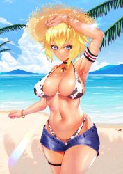 Rule 34 | 1girl, akaringh, animal print, arm up, armpits, beach, bikini, blonde hair, blue eyes, breasts, cleavage, cow print, fate/apocrypha, fate/grand order, fate (series), hat, highres, jeanne d&#039;arc (fate), large breasts, legs, looking at viewer, navel, ocean, short hair, shorts, smile, solo, sweat, swimsuit, thick thighs, thighs, thong bikini, water