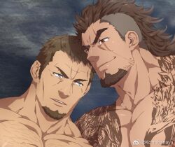 Rule 34 | 2boys, adam&#039;s apple, arm tattoo, bara, chest hair, close-up, cor leonis, couple, cropped, facial hair, final fantasy, gladiolus amicitia, goatee, hair slicked back, heads together, konohanaya, large pectorals, long sideburns, looking at another, male focus, mature male, mullet, multiple boys, muscular, muscular male, pectorals, sanpaku, scar, scar across eye, seductive smile, short hair, sideburns, smile, sparse stubble, tattoo, thick eyebrows, undercut, v-shaped eyebrows, yaoi
