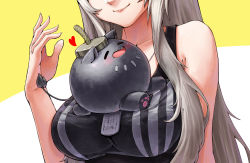 Rule 34 | 1girl, animal, animal on chest, bare arms, bare shoulders, black shirt, breasts, closed mouth, gooster, grey hair, head out of frame, highres, hololive, large breasts, long hair, shirt, shishiro botan, shishiro botan (button-down), simple background, sleeveless, sleeveless shirt, smile, solo, ssrb (shishiro botan), upper body, virtual youtuber