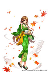 Rule 34 | 1girl, autumn leaves, basket, breasts, brown hair, choker, cleavage, company name, full body, green kimono, highres, japanese clothes, kimono, leaf, long hair, looking at viewer, medium breasts, official art, romancing saga re;universe, rubber duck, sandals, simple background, solo, standing, taku (fishdrive), towel, very long hair, watermark, wet, white background, wide sleeves, wind