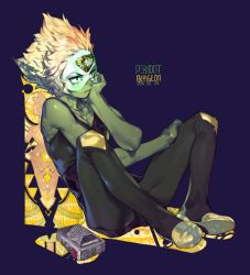 Rule 34 | 1girl, blonde hair, blue background, colored skin, dated, forehead jewel, full body, green skin, hand on own chin, highres, mural, peridot (steven universe), pigeon666, short hair, sitting, solo, steven universe, tape recorder, toned, visor, yellow diamond (steven universe)