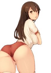 Rule 34 | 10s, 1girl, akagi (kancolle), ass, bad id, bad pixiv id, blush, breasts, brown eyes, brown hair, buruma, female focus, kagari (kgr 000), kantai collection, large breasts, long hair, looking at viewer, looking back, open mouth, solo, thighhighs