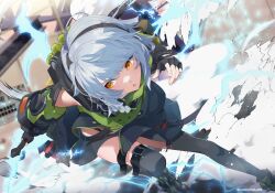 1girl anby_demara bare_shoulders belted_skirt black_headphones black_thighhighs dynamic_pose electricity fighting fingerless_gloves gloves green_sleeves grey_hair headphones highres holding holding_sword holding_weapon jacket long_sleeves mineta_naoki orange_eyes short_hair sword thighhighs weapon zenless_zone_zero