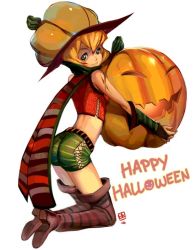 Rule 34 | 1girl, ass, blonde hair, boots, full body, green eyes, halloween, happy halloween, hat, jack-o&#039;-lantern, midriff, original, pumpkin, pumpkin hat, qiqo, scarf, solo, striped clothes, striped scarf, thigh boots, thighhighs, white background