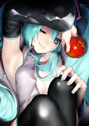 Rule 34 | 1girl, apple, aqua eyes, aqua hair, aqua nails, arm up, armpits, bad id, bad twitter id, black sleeves, black thighhighs, breasts, convenient censoring, detached sleeves, eyelashes, feet out of frame, food, fruit, grey shirt, hair between eyes, hand on own knee, hatsune miku, head tilt, highres, holding, long hair, nail polish, one eye closed, partially undressed, rsk (tbhono), shiny clothes, shirt, sleeveless, sleeveless shirt, small breasts, solo, thighhighs, twintails, vocaloid