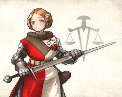 Rule 34 | 1girl, armor, balance scale print, belt, blonde hair, braid, couter, gambeson, gauntlets, half-swording, highres, holding, ironlily, lady johnna (ironlily), looking at viewer, medieval, ordo mediare sisters (ironlily), scabbard, sheath, sword, weapon, yellow eyes