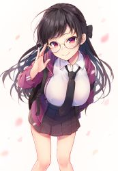 Rule 34 | 1girl, black bow, black hair, black necktie, black skirt, blush, bow, breasts, closed mouth, collared shirt, commentary request, crescent, dress shirt, glasses, hair bow, head tilt, highres, hood, hood down, hooded jacket, jacket, leaning forward, long hair, long sleeves, medium breasts, momoirone, necktie, open clothes, open jacket, original, petals, pleated skirt, red eyes, red jacket, semi-rimless eyewear, shirt, simple background, skirt, smile, solo, under-rim eyewear, very long hair, white background, white shirt