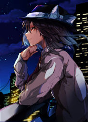 Rule 34 | 1girl, balcony, black hair, black hat, bow, city, closed mouth, cloud, from side, gradient sky, hand on own chin, hat, hat bow, highres, kurozu piroo, long sleeves, night, night sky, outdoors, red eyes, shirt, short hair, sky, solo, star (sky), starry sky, touhou, usami renko, white bow, white shirt
