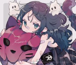 Rule 34 | 1girl, bandaid, bandaid on arm, bandaid on face, bandaid on nose, bare shoulders, black dress, black hair, dress, ghost, green eyes, highres, hugging object, jikuno, looking at viewer, original, pout, solo, wavy hair