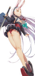 Rule 34 | 1girl, :o, absurdly long hair, animal ears, aqua ribbon, arched back, arm ribbon, ass, azur lane, brown eyes, detached sleeves, dress, flat chest, headband, highres, holding, holding sword, holding weapon, jujumaho (nanigaxila), katana, legs, long hair, looking at viewer, off shoulder, panties, pleated skirt, rabbit ears, red panties, ribbon, rudder footwear, shimakaze (azur lane), shoes, short dress, short eyebrows, shrug (clothing), simple background, skirt, sword, thick eyebrows, thighs, underwear, very long hair, weapon, white background, white hair