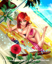 Rule 34 | 1girl, bangle, bare shoulders, barefoot, beach, beach towel, bikini, blush, bracelet, breast press, breasts, cleavage, collarbone, commentary request, company name, dutch angle, eyelashes, flower, food, fruit, full body, grapes, grin, gyakushuu no fantasica, hair flower, hair ornament, heart, heart print, hibiscus, horizon, jewelry, large breasts, leg up, light particles, looking at viewer, lotion, lying, mangosteen, navel, o-ring, o-ring bikini, ocean, official art, on side, original, outdoors, pendant, petals, pink bikini, plant, plate, print bikini, red hair, ryuki@maguro-ex, sack, scabbard, sheath, sheathed, short hair, smile, solo, sunlight, sunscreen, swept bangs, swimsuit, sword, towel, untied bikini, watermark, weapon, yellow eyes