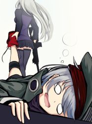 Rule 34 | 2girls, black legwear, dragging, from behind, g11 (girls&#039; frontline), girls&#039; frontline, gun, hat, highres, hk416 (girls&#039; frontline), holding, holding another&#039;s foot, holding gun, holding weapon, jacket, long hair, long sleeves, multiple girls, open mouth, pleated skirt, red footwear, saliva, shiroteru, silver hair, skirt, sleeves past wrists, thighhighs, weapon, white background, wide oval eyes, zettai ryouiki