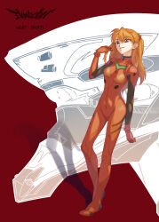 Rule 34 | 1girl, absurdres, artist request, blue eyes, bodysuit, curvy, eva 02, full body, hand in own hair, highres, interface headset, long hair, looking to the side, mecha, neon genesis evangelion, orange hair, pilot suit, plugsuit, red background, red bodysuit, robot, shiny clothes, simple background, smile, souryuu asuka langley, two side up, upper body