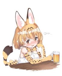Rule 34 | 10s, 1girl, absurdres, alcohol, animal ears, animal ears (norankkori), bad id, bad twitter id, bare shoulders, beer mug, blonde hair, blush, commentary request, cup, drunk, elbow gloves, fang, gloves, highres, kemono friends, mug, multicolored hair, nose blush, serval (kemono friends), serval print, serval tail, short hair, sitting, skirt, sleeveless, solo, tail, translation request
