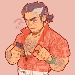 Rule 34 | 1boy, all saints street (style), arm hair, bara, chest hair, chibi, cigarette, collared shirt, dk (den ai d), facial hair, hair strand, hairy, highres, holding, holding phone, large pectorals, long sideburns, male focus, mononobe kyoma, multicolored hair, muscular, muscular male, old, old man, open clothes, open shirt, parody, pectoral cleavage, pectorals, phone, pink background, shirt, short hair, sideburns, simple background, smoking, solo, streaked hair, stubble, style parody, thick eyebrows, tokyo houkago summoners, upper body, wansheng jie, white hair, wrinkled skin