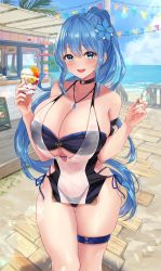 Rule 34 | 1girl, absurdres, bare shoulders, bikini, blue bikini, blue eyes, blue hair, blush, breasts, cleavage, collarbone, commission, flower, food, fujiko (fujik0), hair flower, hair ornament, highres, jewelry, large breasts, long hair, looking at viewer, necklace, original, ortina lillibel (yashiro sousaku), outdoors, parted lips, ponytail, see-through, skindentation, smile, solo, spoon, swimsuit, swimsuit cover-up, thigh strap