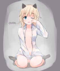 Rule 34 | 1girl, animal ears, bad id, bad pixiv id, blonde hair, blue eyes, breasts, cat ears, cleavage, crying, english text, grey background, helma lennartz, highres, open clothes, open mouth, open shirt, seedflare, shirt, sitting, small breasts, socks, solo, strike witches, strike witches: suomus misfits squadron, tears, wariza, white shirt, world witches series