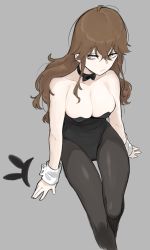 Rule 34 | 1girl, animal ears, bare shoulders, bow, bowtie, breasts, brown hair, cleavage, closed mouth, expressionless, fake animal ears, frown, grey background, guee (ebifry teishoku), hair between eyes, highres, large breasts, leotard, long hair, orange eyes, original, pantyhose, playboy bunny, rabbit ears, serious, simple background, sitting, solo, strapless, strapless leotard