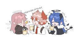 Rule 34 | 3girls, alcohol, arknights, beer, beer mug, black jacket, blue hair, bright pupils, chibi, closed eyes, collared shirt, cup, demon horns, demon tail, energy wings, feather hair, fiammetta (arknights), fur-trimmed jacket, fur trim, gloves, halo, highres, horns, jacket, lemuen (arknights), long hair, long sleeves, molu stranger, mostima (arknights), mug, multiple girls, necktie, open mouth, pink hair, red hair, red necktie, shirt, short hair, simple background, tail, white background, white gloves, white pupils, white shirt