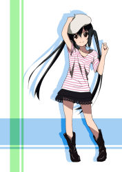 Rule 34 | 1girl, alternate costume, beret, black hair, blush, boots, errant, hand on headwear, hat, k-on!, long hair, nakano azusa, skirt, smile, solo, twintails