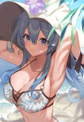 Rule 34 | 1girl, armpits, arms up, beach, bikini, blue eyes, blue hair, breasts, cleavage, collarbone, gotland (kancolle), hair between eyes, hat, highres, kantai collection, large breasts, long hair, looking at viewer, mole, mole under eye, picoli1313, shade, smile, solo, sun hat, swimsuit, tree shade, white bikini, white hat