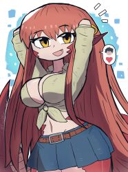 Rule 34 | 1girl, absurdres, arms behind head, arms up, belt, blue skirt, breasts, bursting breasts, cleavage, collarbone, eyelashes, fang, female focus, front-tie shirt, heart, highres, lamia, large breasts, long hair, looking at viewer, miia (monster musume), monster girl, monster musume no iru nichijou, navel, no humans, open mouth, pointy ears, red hair, shiny skin, shirt, skirt, snake tail, solo, tail, tony welt, very long hair, wide hips, yellow eyes, yellow shirt