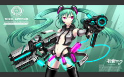 Rule 34 | 1girl, alternate costume, aqua hair, breasts, center opening, character name, dual wielding, fingerless gloves, gia, gloves, hatsune miku, hatsune miku (append), headset, highres, holding, long hair, navel, necktie, neon trim, pink eyes, solo, thighhighs, twintails, very long hair, vocaloid, vocaloid append, wallpaper, weapon