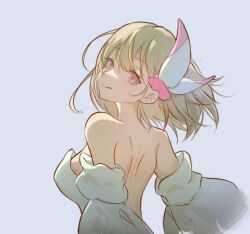 Rule 34 | 1girl, alternate costume, back, backless dress, backless outfit, bare shoulders, blonde hair, blue background, breasts, chinese commentary, cloudyman, commentary, detached sleeves, dress, floating hair, from behind, hair ornament, highres, liv (punishing: gray raven), looking at viewer, looking back, median furrow, medium breasts, medium hair, pink eyes, procreate (medium), puffy detached sleeves, puffy sleeves, punishing: gray raven, shoulder blades, simple background, smile, solo, strapless, strapless dress, upper body, white dress, white sleeves