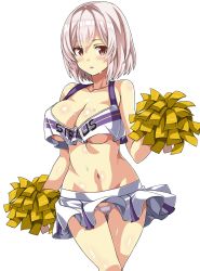 Rule 34 | 1girl, azur lane, bare shoulders, blush, breasts, character name, cheerleader, cleavage, clothes writing, collarbone, crop top, gluteal fold, hair between eyes, hand up, highres, holding, holding pom poms, large breasts, looking at viewer, macaroni hourensou, navel, no bra, panties, parted lips, pom pom (cheerleading), pom poms, shiny skin, short hair, simple background, sirius (azur lane), skirt, solo, sweat, thigh gap, thighs, underboob, underwear, white background, white hair, white panties, white skirt, wind, wind lift