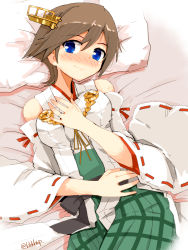 Rule 34 | 1girl, bare shoulders, bed, bed sheet, blanket, blue eyes, blush, breasts, brown hair, detached sleeves, green skirt, hair between eyes, hairband, hand on own chest, headgear, hiei (kancolle), hiei kai ni (kancolle), japanese clothes, jewelry, kanoe soushi, kantai collection, looking at viewer, lying, medium breasts, nontraditional miko, on bed, pillow, plaid, ribbon-trimmed sleeves, ribbon trim, ring, short hair, skirt, solo, wedding ring