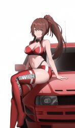 Rule 34 | 1girl, audi quattro, bare arms, bare shoulders, bikini, bikini bottom only, bikini under clothes, black bikini, blue eyes, boots, breasts, brown hair, car, cero (last2stage), cleavage, cleavage cutout, closed mouth, clothing cutout, collared shirt, commission, crop top, female commander (girls&#039; frontline), girls&#039; frontline, hair ribbon, highleg, highleg bikini, highres, large breasts, long hair, looking at viewer, micro shorts, midriff, motor vehicle, navel, open fly, original, ponytail, race queen, red footwear, red shirt, red shorts, red thighhighs, revealing clothes, ribbon, shirt, shorts, sitting, sitting on car, sleeveless, sleeveless shirt, smile, solo, stomach, swimsuit, termichan (not-a-bot), thigh boots, thighhighs, thighs, white background