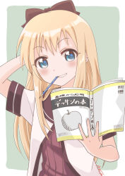 1girl akanemachiyama arm_behind_head blonde_hair blue_eyes blush book border bow dress green_background grin hair_bow holding holding_book layered_sleeves long_sleeves looking_at_viewer mouth_hold nanamori_school_uniform open_book pencil sailor_dress school_uniform serafuku short_over_long_sleeves short_sleeves smile toshinou_kyouko upper_body white_border yuru_yuri