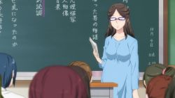 Rule 34 | 6+girls, anime screenshot, blue dress, board eraser, book, breasts, brown hair, chalkboard, classroom, dress, female focus, glasses, highres, holding, holding book, indoors, long hair, looking at viewer, maternity dress, mieruko-chan, multiple girls, pregnant, screencap, sitting, standing, table, teacher, teacher and student