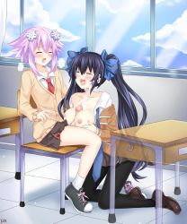 Rule 34 | 2girls, artist name, black hair, blazer, blush, bow, breasts, breasts out, breath, chair, classroom, cloud, cum, cum on body, cum on hair, cum on upper body, d-pad, d-pad hair ornament, day, desk, ejaculation, eye contact, closed eyes, futa with female, futanari, hair bow, hair ornament, highres, indoors, jacket, kneeling, lewdkuma, lkuma, long hair, looking at another, medium breasts, medium hair, moaning, multiple girls, necktie, neptune (neptunia), neptune (series), nipples, noire (neptunia), open mouth, paizuri, penis, purple hair, school chair, school desk, school uniform, shoes, sitting, skirt, sky, smile, sneakers, socks, sweatdrop, thighhighs, transparent, twintails, uncensored, very long hair, white legwear, window