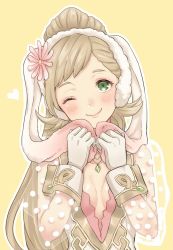 Rule 34 | 1girl, animal ears, blonde hair, breasts, cleavage, cleavage cutout, closed mouth, clothing cutout, fake animal ears, fire emblem, fire emblem heroes, gloves, green eyes, long hair, nintendo, one eye closed, polka dot, ponytail, rabbit ears, see-through, sharena (fire emblem), shimizu akina, simple background, smile, solo, upper body, white gloves, yellow background