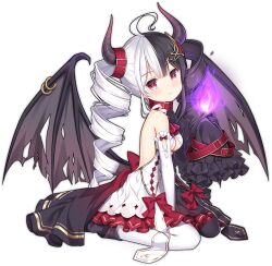 Rule 34 | 1girl, ahoge, ark order, ascot, bare shoulders, black dress, black footwear, black hair, boots, bow, breasts, closed mouth, collar, demon wings, detached sleeves, dress, drill hair, elbow gloves, expressionless, fire, frilled sleeves, frills, from side, full body, gloves, hair belt, hair ornament, hairclip, hela (ark order), horns, ikataruto, looking at viewer, medium breasts, multicolored hair, official art, red ascot, red bow, red collar, red eyes, single glove, single sleeve, sitting, sleeves past fingers, sleeves past wrists, solo, split-color hair, tachi-e, torn wings, transparent background, twin drills, two-tone hair, variant set, wariza, white dress, white gloves, white hair, wings