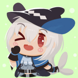 Rule 34 | &gt; &lt;, 1girl, :d, arknights, black gloves, black hat, blush stickers, capelet, chibi, chinese commentary, commentary request, eyes visible through hair, gloves, green background, grey shirt, hair between eyes, hand on own cheek, hand on own face, hat, lieyan huangzi, long hair, one eye closed, open mouth, red eyes, shirt, silver hair, skadi (arknights), smile, solo