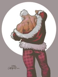 Rule 34 | 1boy, artist request, ass, bara, bare back, beard, christmas, contrapposto, facial hair, facing away, feet out of frame, from behind, full beard, hat, jacket, male focus, mature male, muscular, muscular male, open clothes, open jacket, original, red hat, santa claus, santa costume, santa hat, short hair, solo, standing, thick beard, two-tone background, undressing, white hair