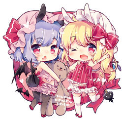 Rule 34 | 2girls, :o, ;d, ahoge, animal ears, aogiri sei, arm up, bare arms, bare shoulders, bat wings, black legwear, blonde hair, bloomers, blush, bow, bunny girl, chibi, commentary request, extra ears, fang, flandre scarlet, full body, hat, hat ribbon, heart, holding, kemonomimi mode, looking at viewer, looking back, lowres, mob cap, multiple girls, one eye closed, open mouth, pantyhose, pointy ears, purple hair, rabbit ears, rabbit tail, red bow, red eyes, red ribbon, remilia scarlet, ribbon, short hair, siblings, side ponytail, simple background, sisters, smile, standing, standing on one leg, stuffed animal, stuffed toy, tail, teddy bear, thighhighs, touhou, underwear, waving, white background, white legwear, wings