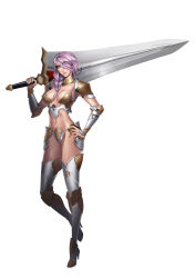 Rule 34 | &gt;:(, 1girl, absurdres, armor, armpits, bikini armor, boots, braid, breasts, closed mouth, frown, full body, greaves, hair over one eye, hair over shoulder, hand on own hip, high heel boots, high heels, highres, holding, holding sword, holding weapon, huge weapon, karmiel, knight, light purple hair, long hair, looking at viewer, medium breasts, navel, original, over shoulder, pauldrons, serious, shoulder armor, single braid, solo, standing, stomach, sword, thigh boots, thighhighs, v-shaped eyebrows, vambraces, weapon, weapon over shoulder, yellow eyes