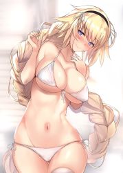 Rule 34 | 1girl, bikini, blonde hair, blush, braid, breasts, casual, cleavage, collarbone, commentary request, day, fate/grand order, fate (series), hair between eyes, hairband, hands up, head tilt, highres, jeanne d&#039;arc (fate), jeanne d&#039;arc (ruler) (fate), large breasts, long hair, looking at viewer, navel, side-tie bikini bottom, single braid, skindentation, smile, solo, stomach, swimsuit, thighhighs, untue, very long hair, white bikini, white thighhighs, wind