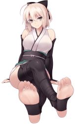 Rule 34 | 1girl, ahoge, arm guards, bare shoulders, barefoot, black bow, black thighhighs, blonde hair, blush, bow, breasts, collarbone, crossed legs, fate/grand order, fate (series), feet, foot focus, full body, hair between eyes, hair bow, half updo, highres, japanese clothes, koha-ace, large breasts, obi, okita souji (fate), okita souji (koha-ace), ruton-niki, sash, simple background, sitting, sleeveless, smile, soles, solo, thighhighs, thighs, toeless legwear, toes, white background, white bow