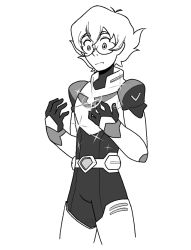 Rule 34 | 1girl, armor, bad id, bad tumblr id, belt, bodysuit, glasses, greyscale, highres, jode the jester, looking down, monochrome, pidge gunderson, short hair, solo, solo focus, sparkle, standing, voltron: legendary defender, voltron (series)