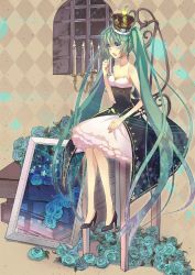 Rule 34 | 1girl, aqua eyes, bad id, bad pixiv id, breasts, candle, cleavage, crown, dress, earrings, flower, hatsune miku, high heels, highres, jewelry, long hair, medium breasts, necklace, nicohi, open mouth, rose, shoes, sitting, solo, strapless, strapless dress, twintails, very long hair, vocaloid, window