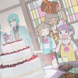Rule 34 | 3girls, ^ ^, arm up, birthday cake, blue hair, blunt bangs, blush, boned meat, bottle, bowl, brown hair, cake, chicken (food), closed eyes, collared shirt, commentary request, cup, dark-skinned female, dark skin, dress, drinking glass, facing another, food, fried chicken, green scrunchie, hair ornament, hair scrunchie, hand up, highres, indoors, junon (pripara), kanon (pripara), kemura (puripurinea), long hair, manaka non, meat, multiple girls, neckerchief, open mouth, paprika private academy school uniform, people, pink neckerchief, pinon (pripara), plate, pretty series, pripara, purple eyes, sailor collar, salad, school uniform, scrunchie, shirt, short hair, short sleeves, side ponytail, sliding doors, smile, sparkle, standing, sunglasses, surprised, sweatdrop, table, taiyo pepper, tsukikawa chili, white sailor collar, white shirt, yellow dress