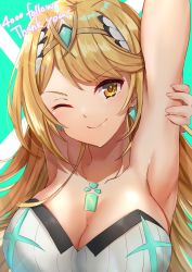Rule 34 | 1girl, aqua background, armpits, arms behind head, arms up, blonde hair, breasts, circlet, cleavage, earrings, edamameoka, green background, highres, jewelry, long hair, looking at viewer, mythra (radiant beach) (xenoblade), mythra (xenoblade), one-piece swimsuit, one eye closed, smile, solo, swept bangs, swimsuit, upper body, white one-piece swimsuit, xenoblade chronicles (series), xenoblade chronicles 2, yellow eyes