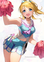 Rule 34 | 1girl, :d, absurdres, armpits, ayase eli, blonde hair, blue bow, blue eyes, blue skirt, bow, breasts, cheerleader, collarbone, hair bow, highres, holding, holding pom poms, looking at viewer, love live!, love live! school idol project, medium breasts, multicolored bow, multicolored clothes, multicolored skirt, nakano maru, navel, open mouth, pleated skirt, pom pom (cheerleading), pom poms, skirt, smile, solo, sweat, teeth, thighs, twitter username, upper teeth only, white bow