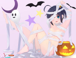 Rule 34 | 1girl, ahoge, armpits, arms up, ass, bandage over one eye, bandages, barefoot, bat (animal), blush, breasts, candy, chuunibyou demo koi ga shitai!, crescent, food, from side, ghost, green eyes, halloween, halloween costume, highres, leg up, looking at viewer, medium breasts, mummy costume, naked bandage, one side up, open mouth, pumpkin, revealing clothes, shikkoku no hono mikado, simple background, sitting, solo, takanashi rikka, tearing up