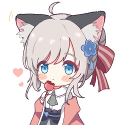 Rule 34 | 1girl, :t, ahoge, animal ear fluff, animal ears, arknights, ascot, black skirt, blue eyes, blush stickers, bow, brown jacket, candy apple, cat ears, chibi, closed mouth, collared shirt, commentary request, dress shirt, eating, food, grey ascot, grey hair, hair bun, heart, highres, holding, holding food, jacket, long sleeves, mint (arknights), motion lines, off shoulder, open clothes, open jacket, rebaa, shirt, simple background, skirt, solo, striped bow, white background, white shirt